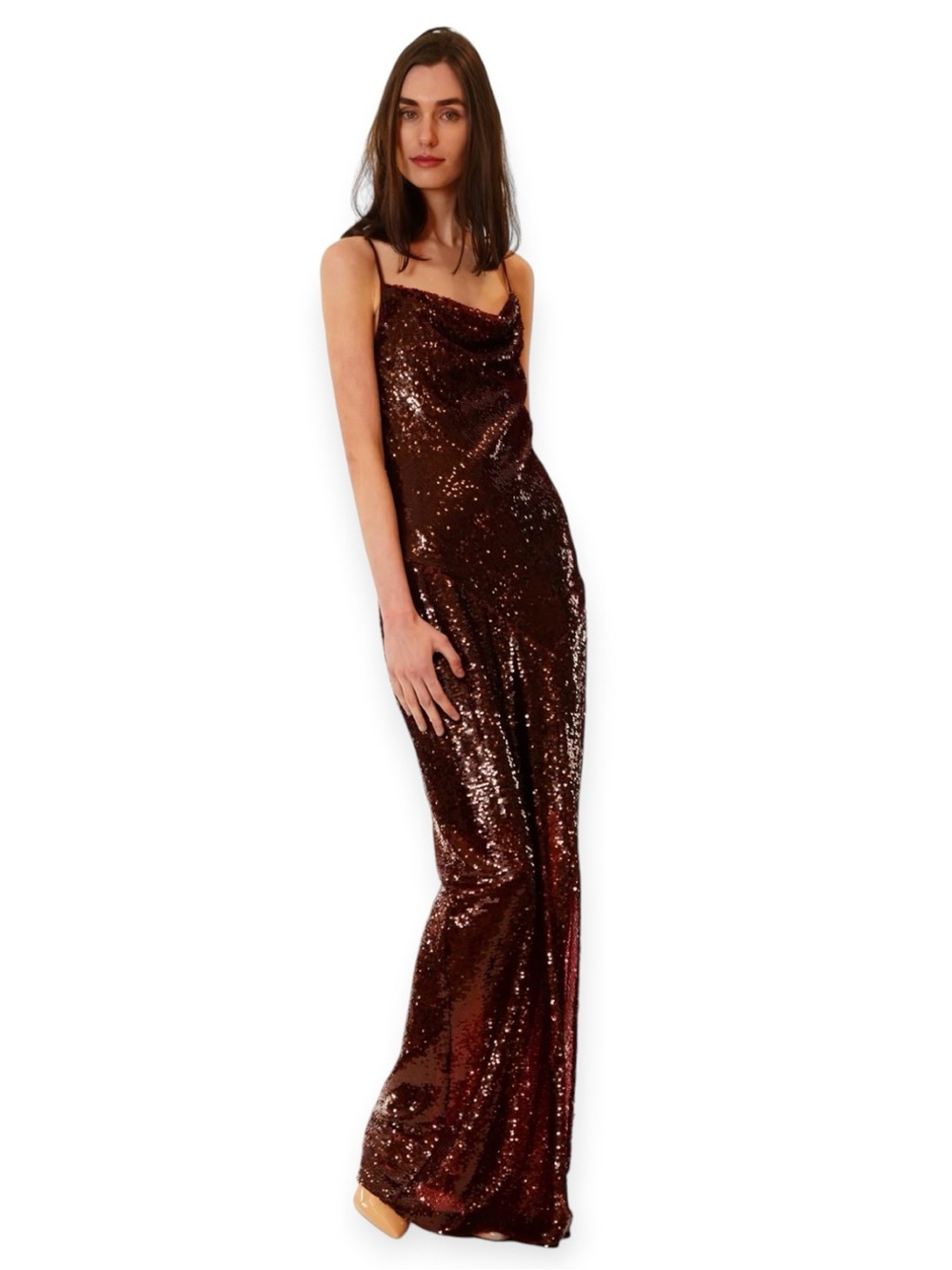 Julia Jordan Burgundy Sequin Cowl Neck Midi Slip Dress Front Slit Size 6 NWT